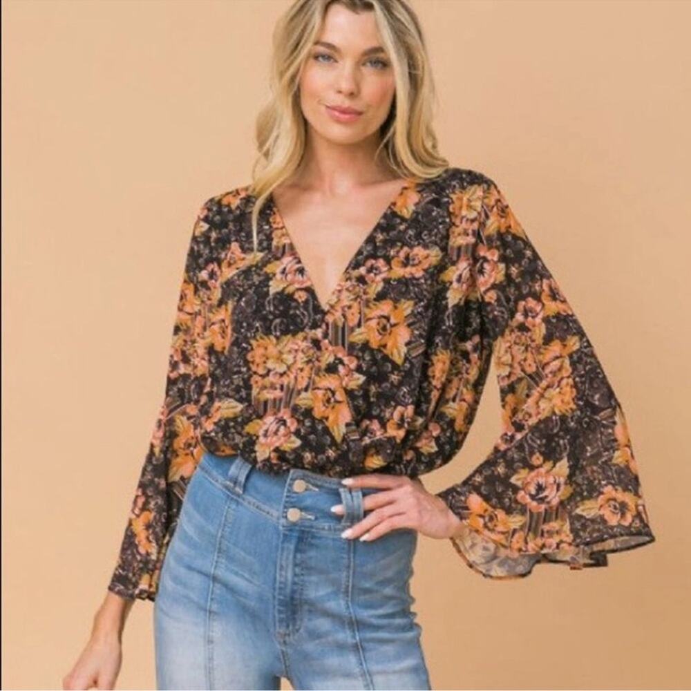 Lovecolette Floral Printed Bell Sleeve Bodysuit